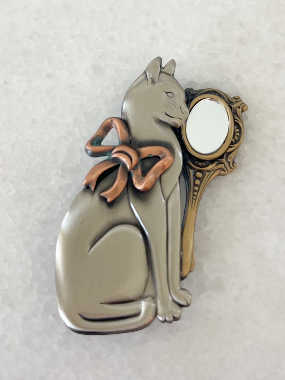 Vintage K&T Tricolor Cat Mirror Looking Glass Pin Brooch